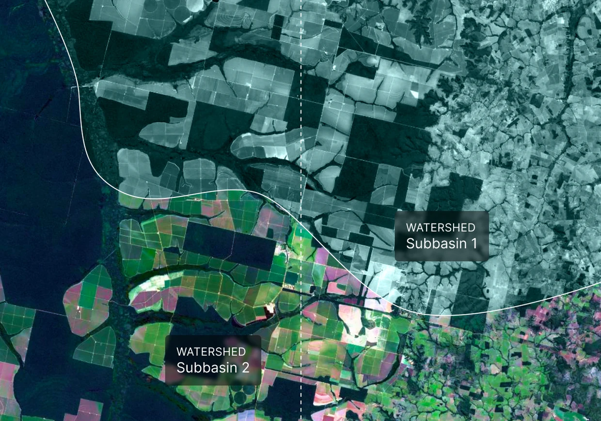 Satellite view of farmland split along a watershed boundary into two subbasins, Subbasin 1 and Subbasin 2, instead of along an administrative border.